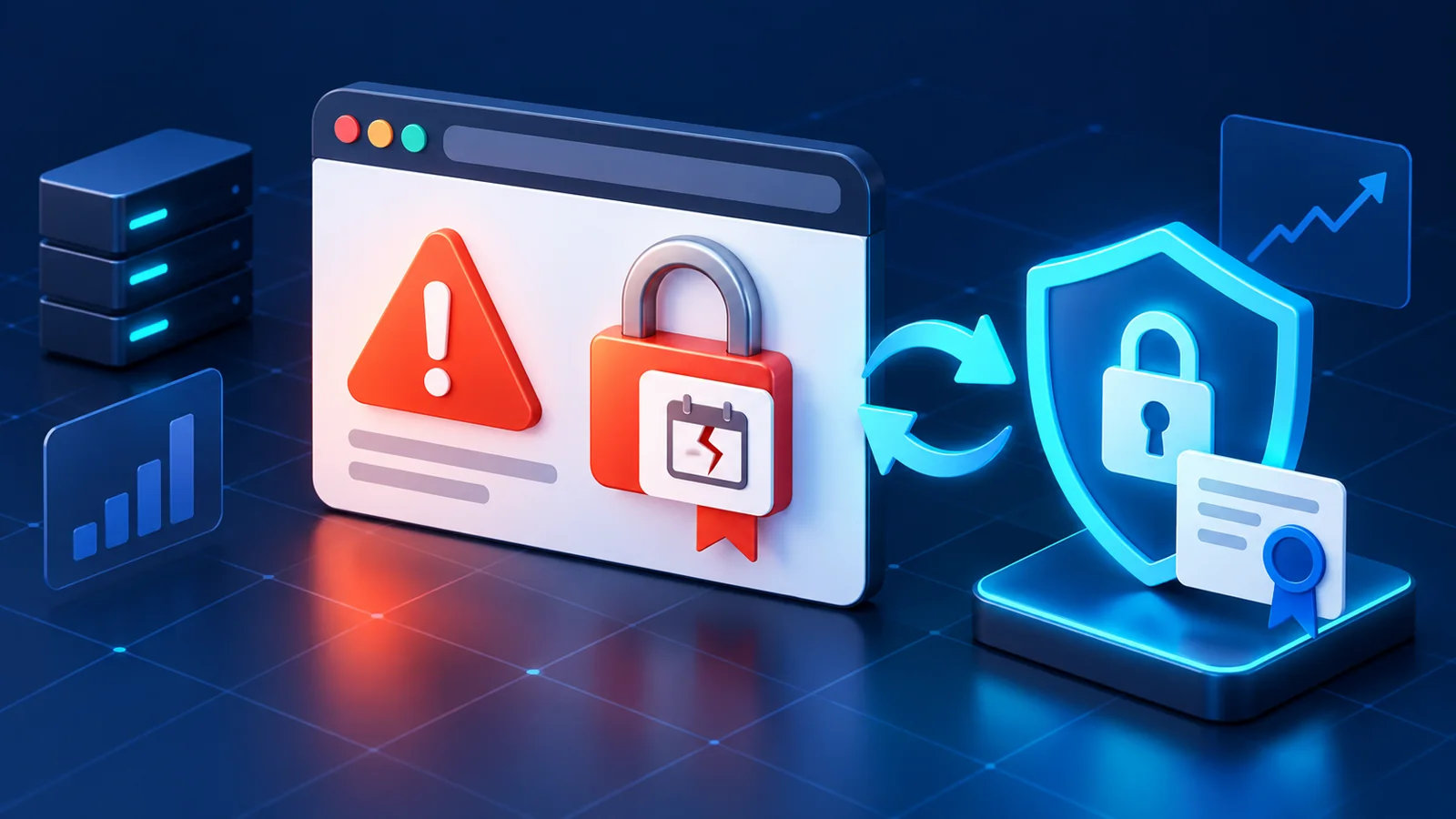 Ilustración de un certificado SSL vencido y el proceso de renovación para recuperar la seguridad del sitio