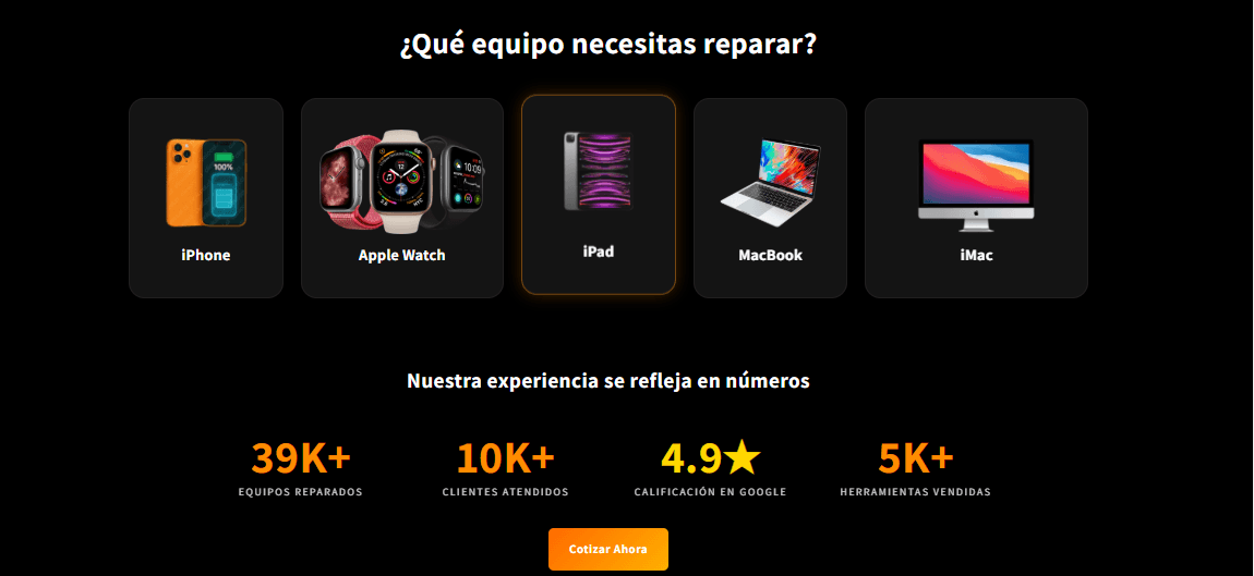 Sección para elegir el equipo que necesita reparación con botón de cotización
