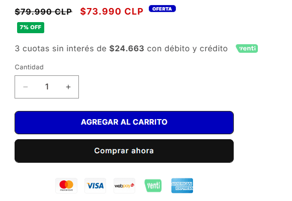 Detalle de compra con precio, cuotas y botones para agregar al carrito