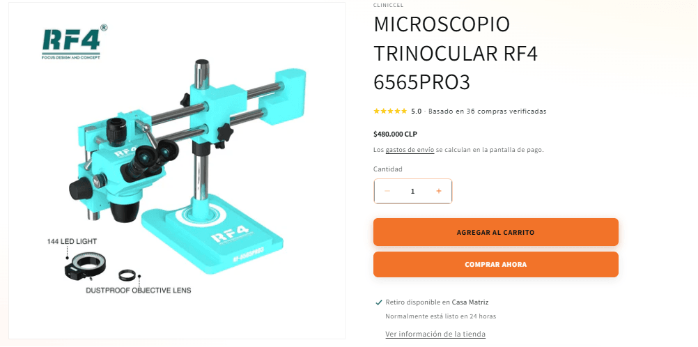 Página de producto con imagen, calificación, precio y botones de compra