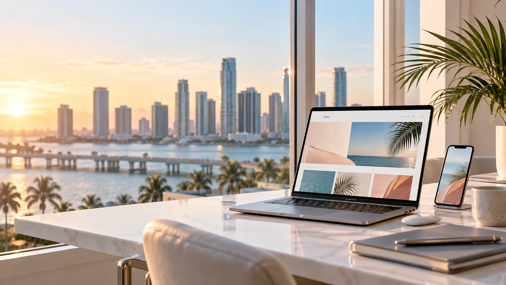 Website and mobile design workspace overlooking Miami