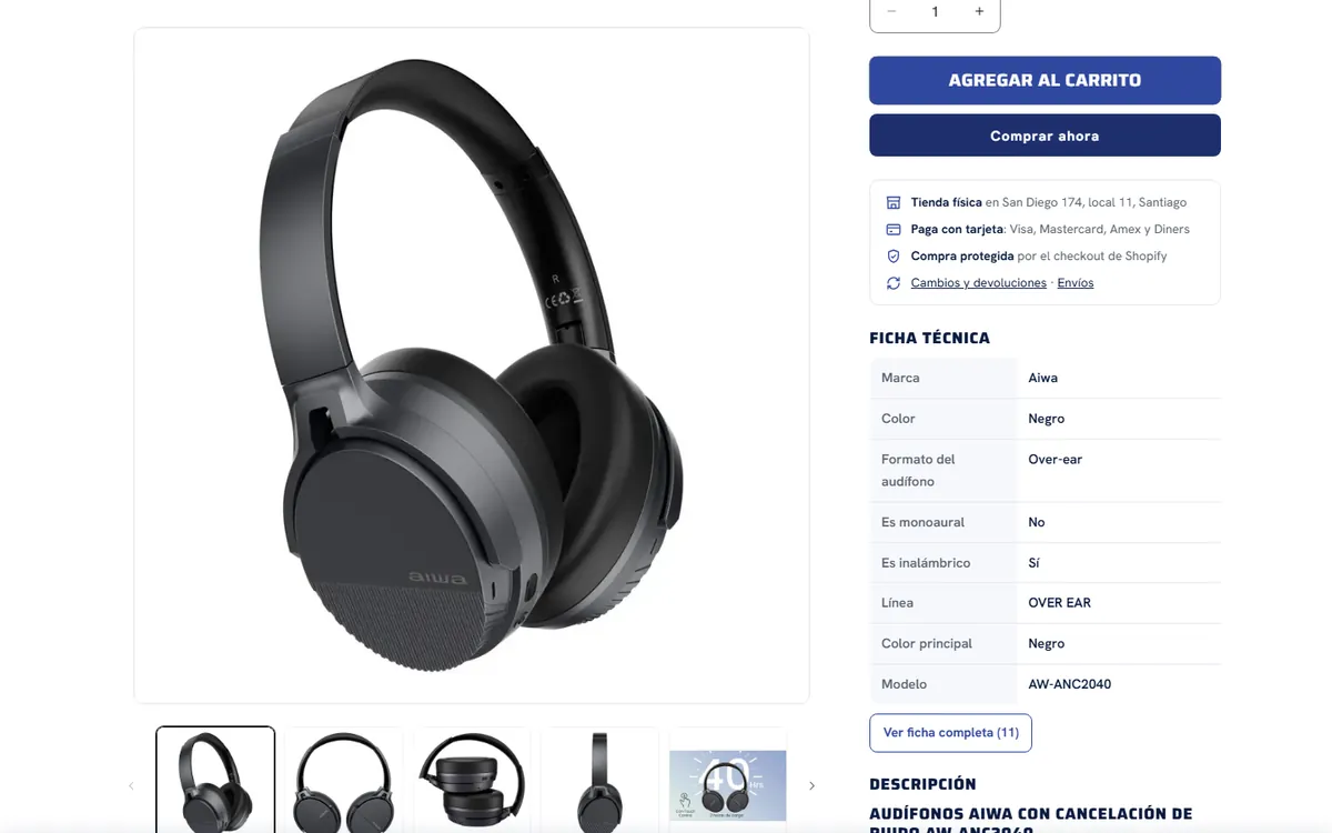Ficha de unos audífonos Aiwa con la ficha técnica en tabla: marca, color, formato, inalámbrico, línea y modelo, y debajo la descripción recortada
