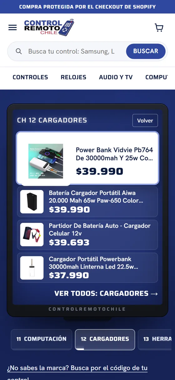 La misma portada en un teléfono: el canal Cargadores con el producto destacado arriba y tres más abajo
